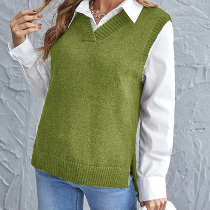 Stijlvolle gebreide dames spencer met V-hals, 'Faye', voor een elegante en comfortabele look.