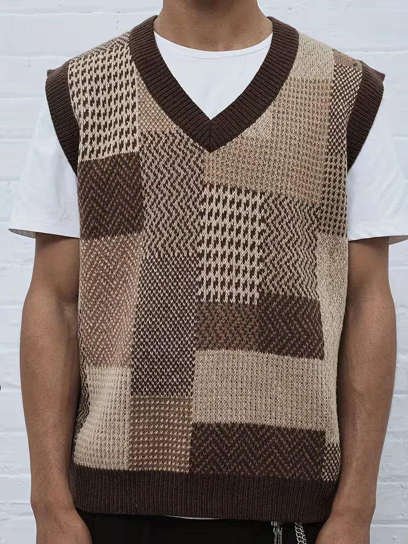 Casual koffiekleurig herenvest met geometrisch patroon. Dit mouwloze sweater vest is comfortabel en veelzijdig.