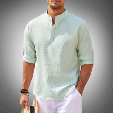 Elegant herenoverhemd met lange mouw, geschikt voor zowel casual als smart casual zomerkleding. Stijlvolle herenmode.