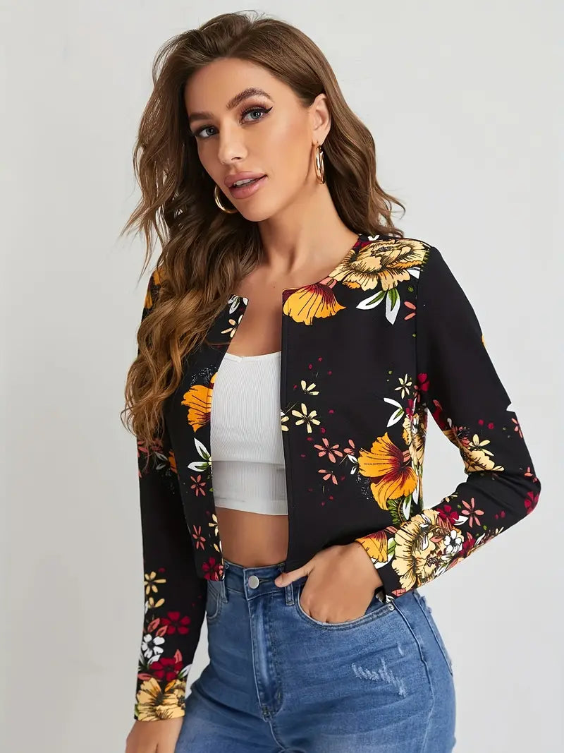 Veelzijdige zwarte dames blazer met chique bloemenprint en open voorkant, voor een elegante uitstraling.