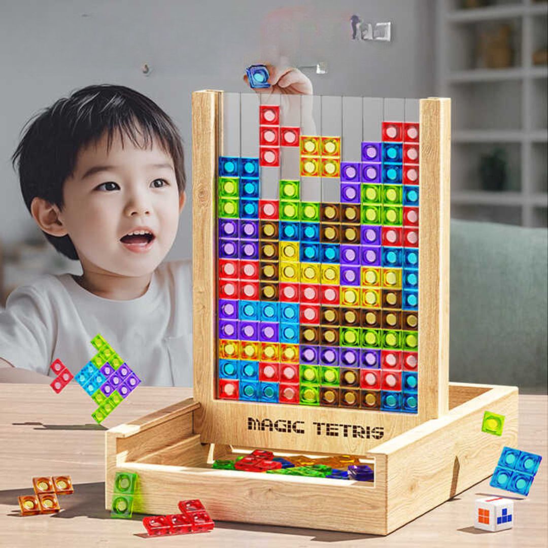 Kleurrijke houten puzzel en stapelspel. Ideaal duurzaam cadeau voor kinderen en volwassenen. Hersentraining.