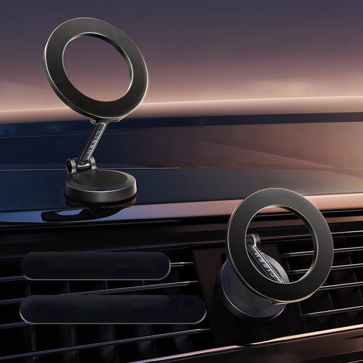 GripMount magnetische smartphone houder met stevige metalen basis, universeel voor auto en bureau.