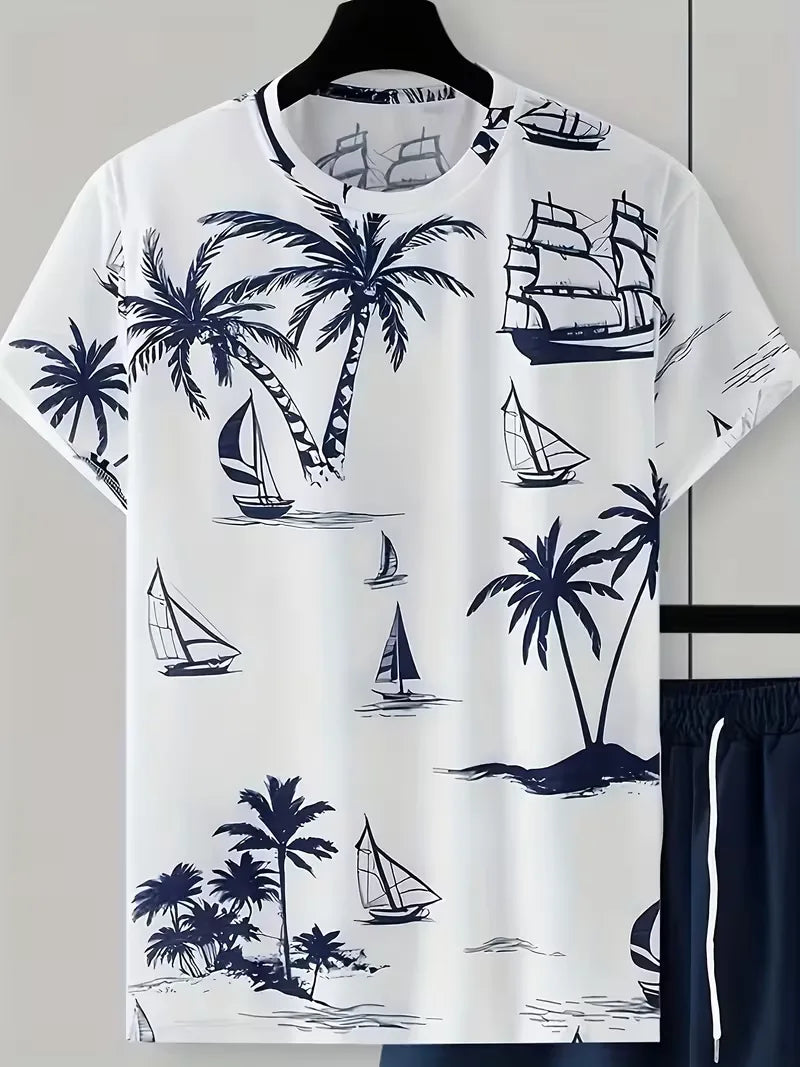 Veelzijdige heren 3D print zomer kledingset met T-shirt en shorts, perfect voor casual of vakantie.