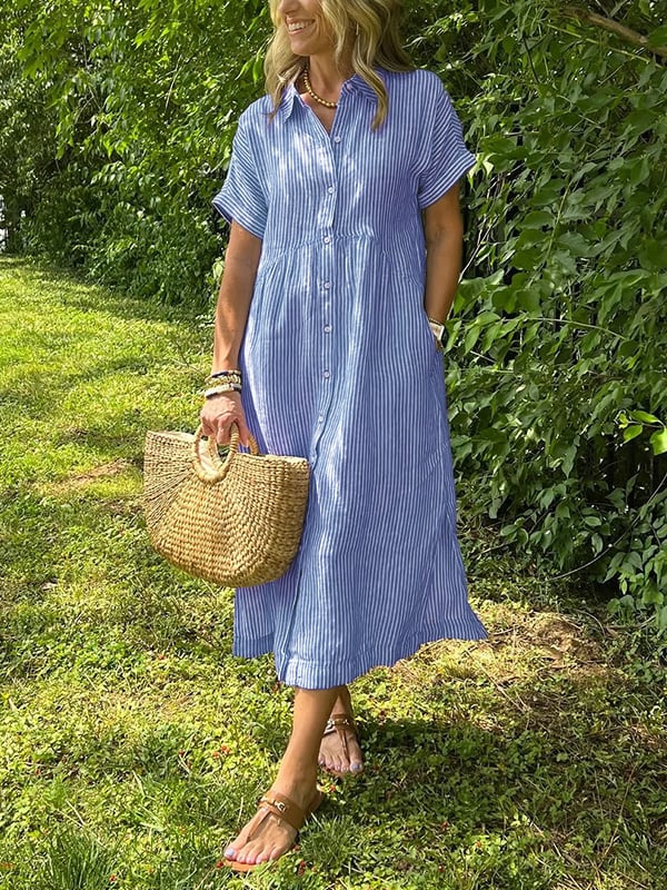 Dames gestreepte blousejurk, comfortabel en stijlvol, perfect voor zomer of lente.
