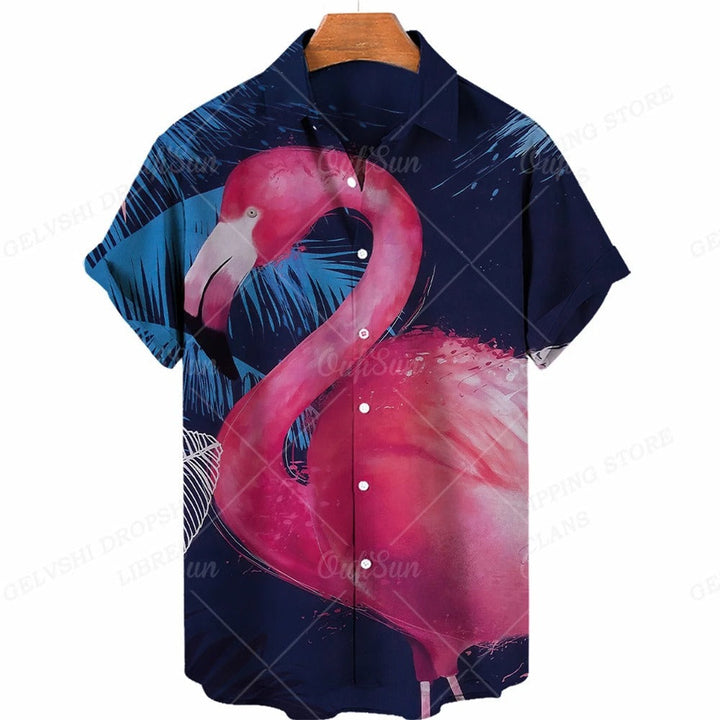 Casual herenoverhemd, Nico 3D Flamingo Hawai stijl. Kleurrijk met flamingo's, perfecte strandkleding voor zomer.