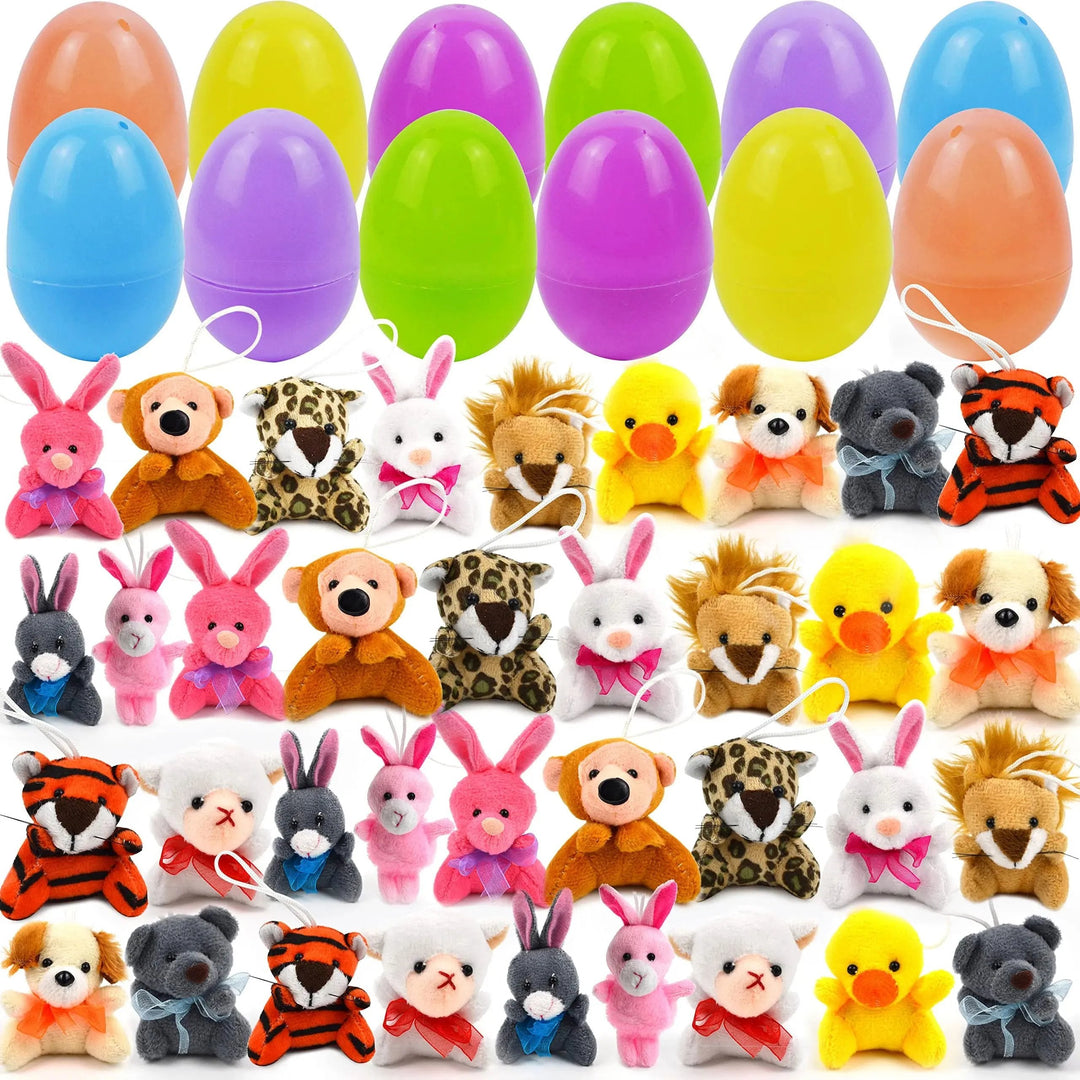 Levendige pluche paaseieren set (12 stuks) met verrassings-mini-dieren, perfect voor kinderplezier met Pasen.