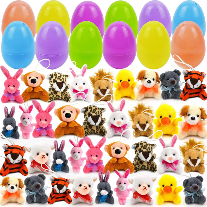 Levendige pluche paaseieren set (12 stuks) met verrassings-mini-dieren, perfect voor kinderplezier met Pasen.