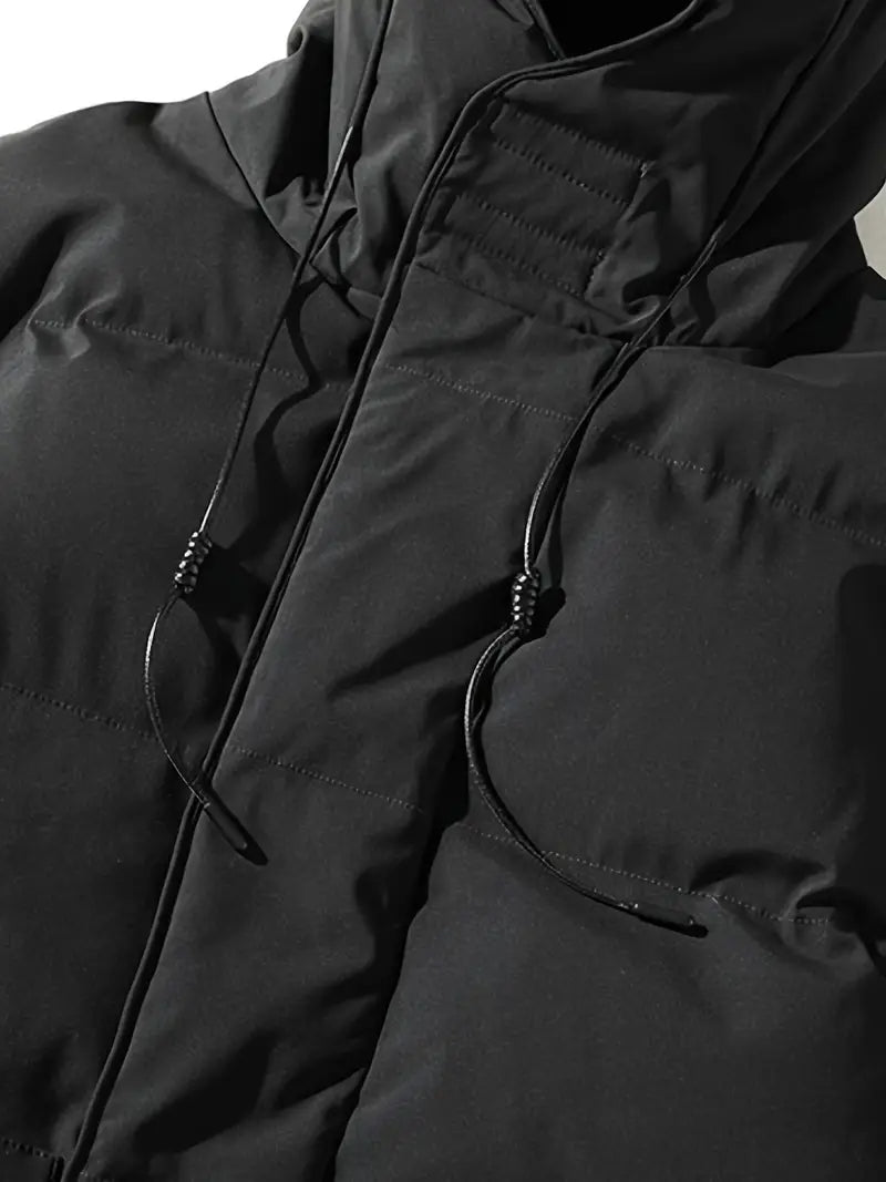 Stijlvolle heren lange puffer winterjas met capuchon in donkergrijs; ideaal voor winterse mode.