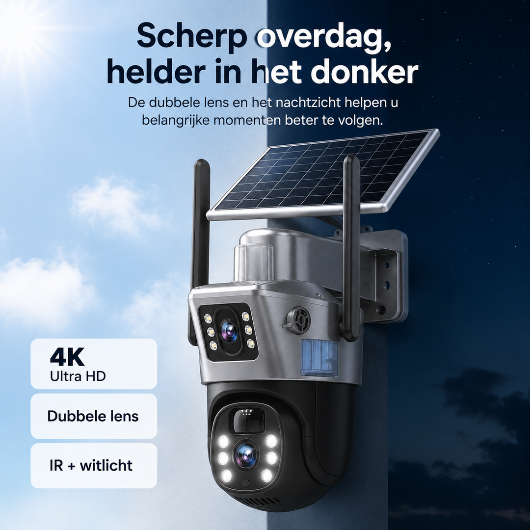 4K zonnecamera met 10x zoom, 360° draaibaar en scherp nachtzicht voor gedetailleerde bewaking.