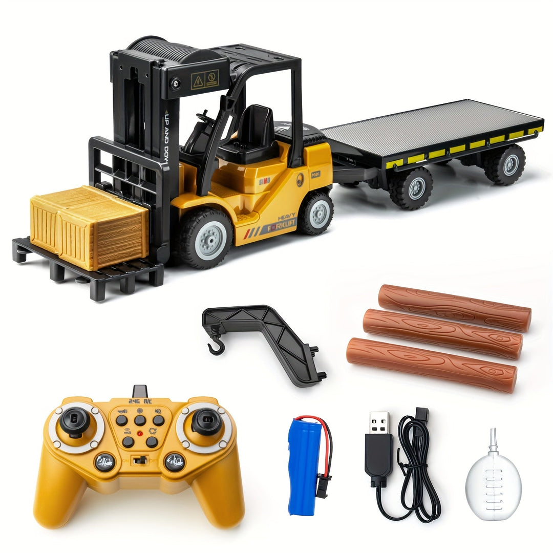 Robuuste 1:24 RC heftruck met afstandsbediening en trailer, ideaal speelgoed voor kinderen.