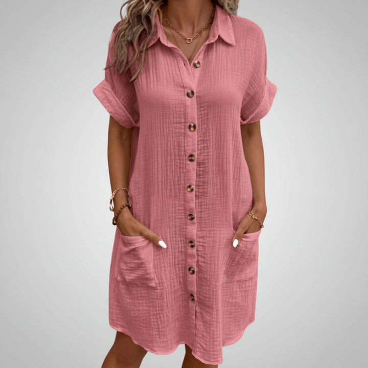 Comfortabele effen dames zomerjurk, een veelzijdige overhemdjurk met korte mouwen voor vrouwenmode.