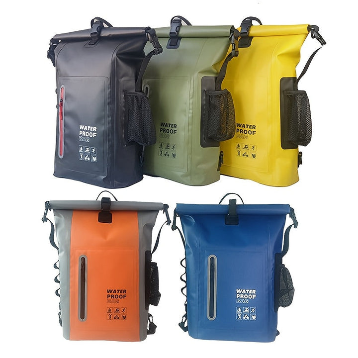 Waterdichte sportrugzak (25L) met roll-top, geschikt voor strand, wandelen en dagtochten.