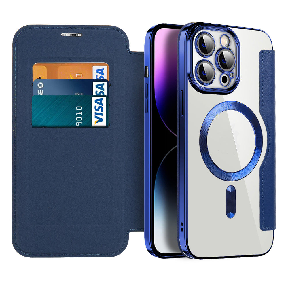 Leren flip case voor iPhone 15/14/13 met magnetische sluiting en RFID-bescherming, schokbestendig.
