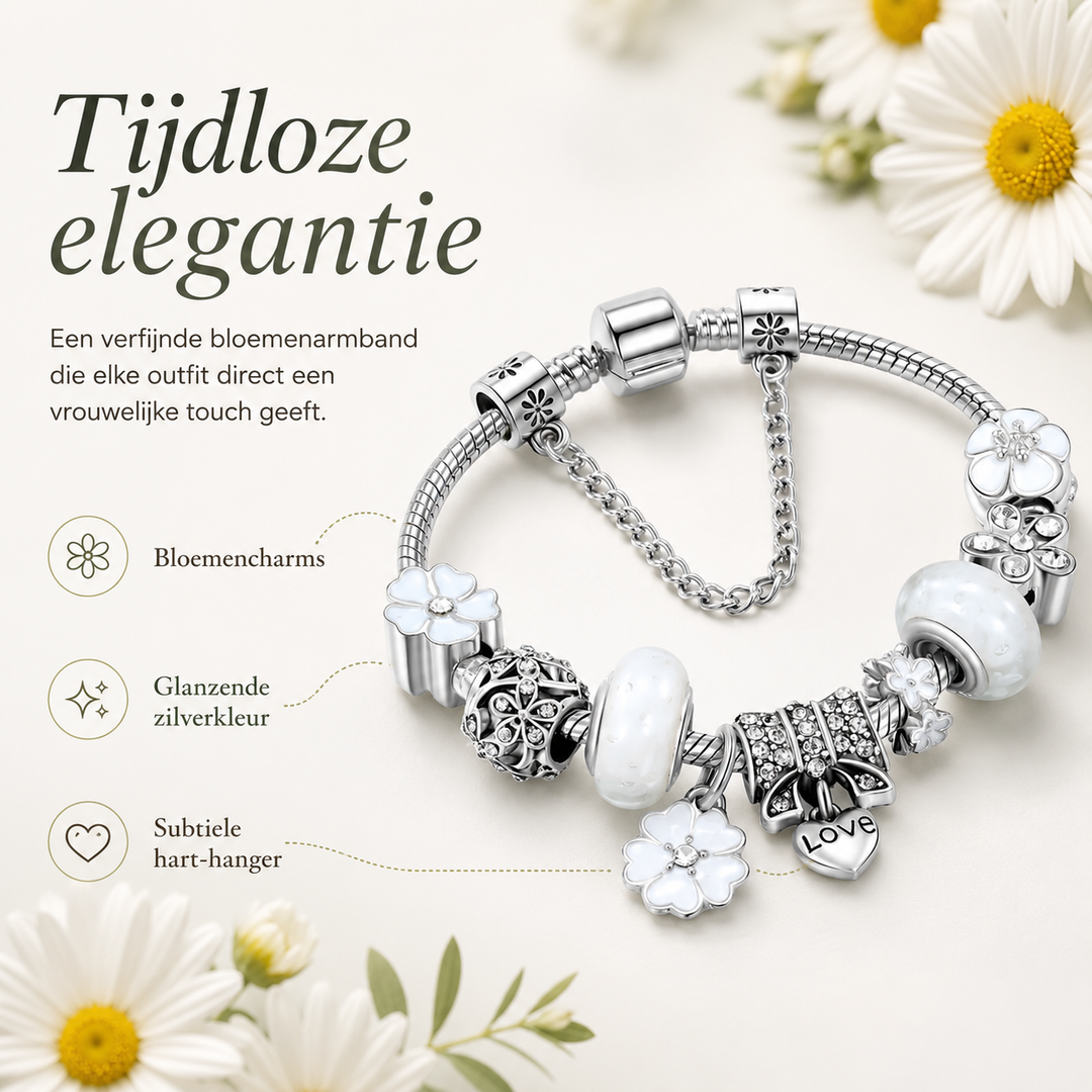 Detail van 925 sterling zilveren damesarmband met delicate bloemen charms; verfijnd sieraad.