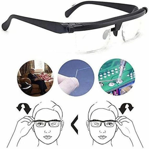 Unisex model draagt de lichtgewicht VisiFlex verstelbare bril, comfortabel voor lezen en veraf kijken.