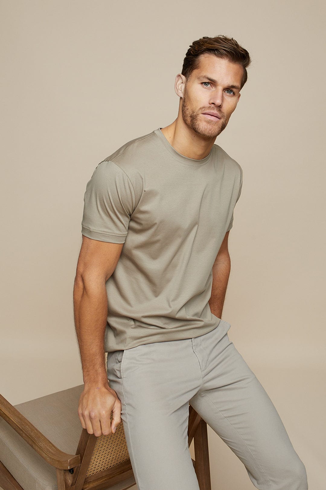 Getailleerd taupe heren T-shirt met premium stof en subtiele glans; een basic en toch modieuze keuze.