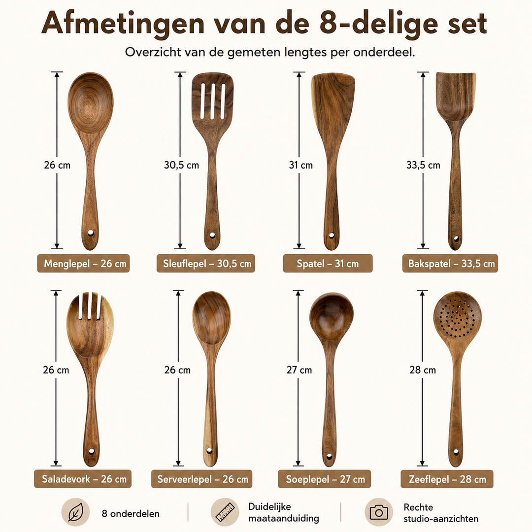 Mooie 8-delige acaciahouten set. Bevat houten lepels, spatels en serveergerei voor een complete kookervaring.
