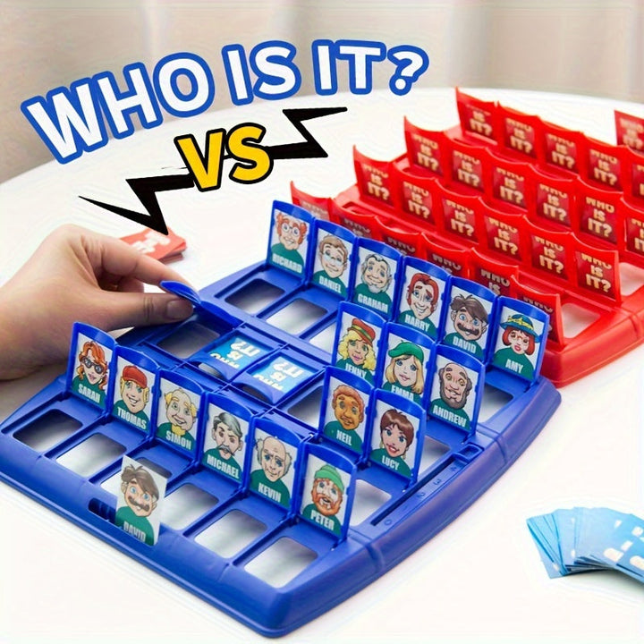 Familie speelt Wie Is Het? gezelschapsspel: Ouders en kinderen lachen tijdens een spannend raadspel, perfect voor een spelavond.