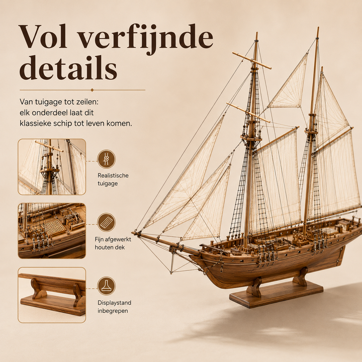 Handen bouwen een houten zeilschip 3D puzzel. Boeiend modelbouwproject voor creatieve hobbyisten.
