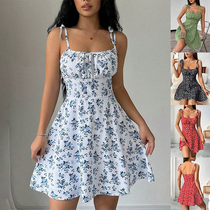 Dames A-lijn jurk met kleurrijke bloemenprint, ideaal als elegante zomerjurk of casual vakantiekleding.