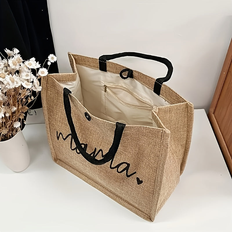 Duurzame jute boodschappentas voor dames, met opdruk 'Mama'. Praktisch en trendy voor dagelijks gebruik.