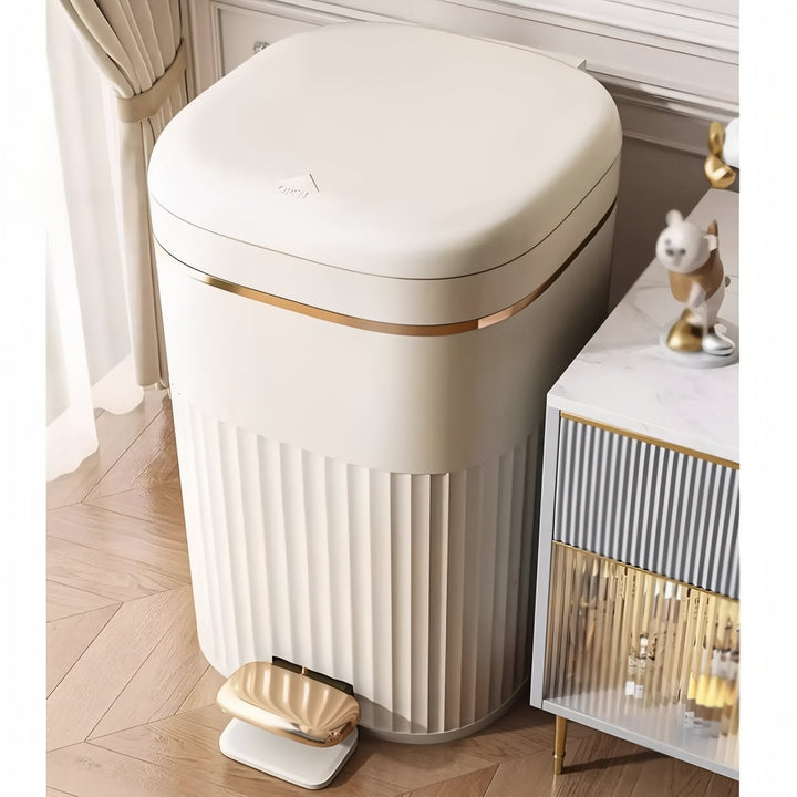 Elegante moderne afvalbak in beige of groen (8L, 10L, 15L). Strak design voor elke ruimte.