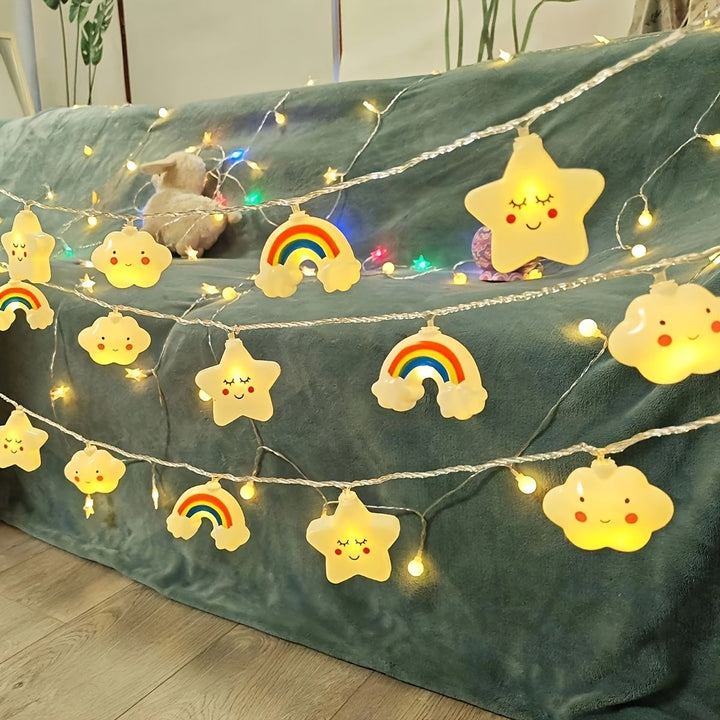 Batterij-aangedreven LED string lights: draadloze decoratie met ster, wolk en regenboog design.