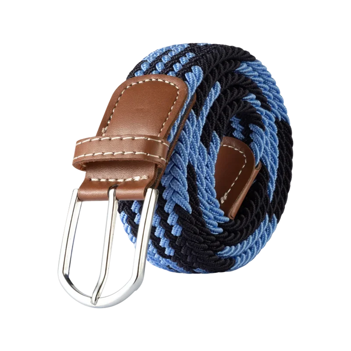 Stijlvolle blauwe unisex elastische riem met zilveren gesp, comfortabel en modieus.