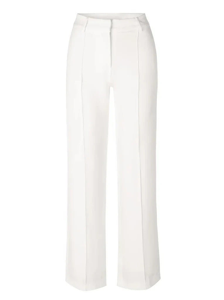 Elegante polyester dames pantalon, slim-fit pasvorm en wijde pijpen, geschikt voor zakelijk en casual.
