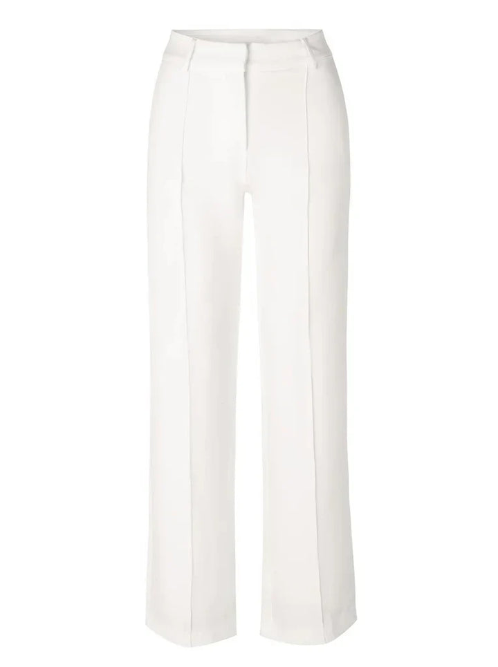 Elegante polyester dames pantalon, slim-fit pasvorm en wijde pijpen, geschikt voor zakelijk en casual.