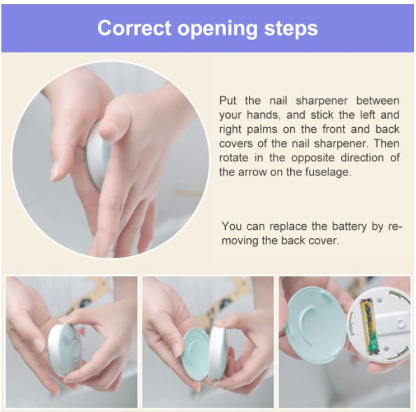 Close-up van de veilige elektrische babynageltrimmer met diverse zachte opzetstukken voor babynagels en teennagels.