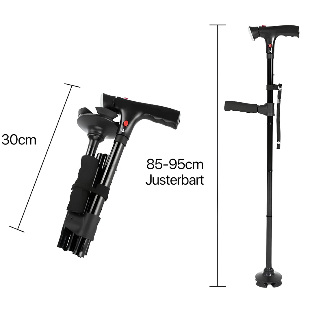 Compleet mobiliteitshulpmiddel: opvouwbare wandelstok met dubbele grip, LED lamp en alarm voor maximale veiligheid en ondersteuning.