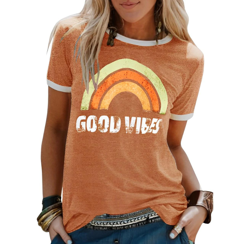 Stijlvol dames t-shirt 'Good Vibes' in relaxte pasvorm. Perfecte casual top voor dagelijks comfort en stijl.