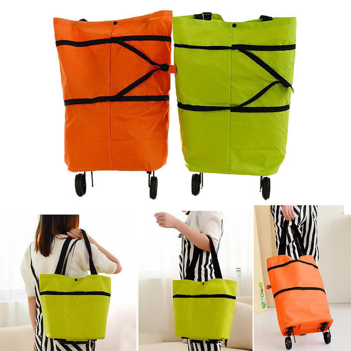 Compact opvouwbare trolley boodschappentas met wielen, makkelijk op te bergen na winkelen.