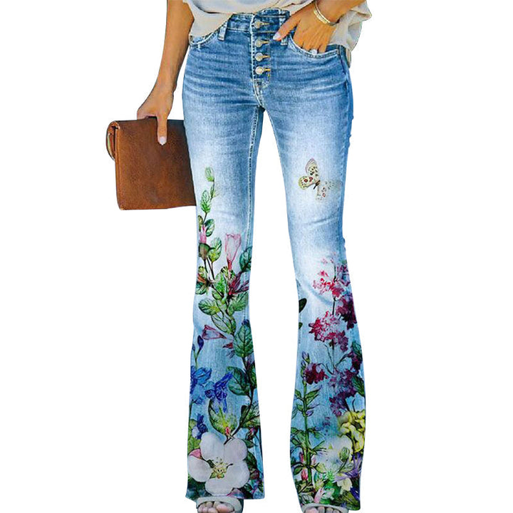Trendy flare-jeans voor dames. Hoge taille, 4 knopen. Comfortabele spijkerbroek in moderne stijl.