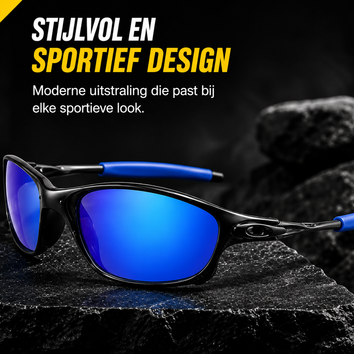Mannen zonnebril met een robuust sportief design en duurzame gepolariseerde lenzen.