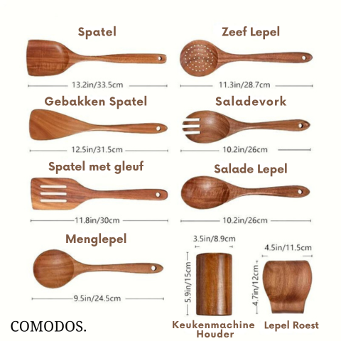 Natuurlijk handgemaakt teakhouten keukengerei. Duurzame, hittebestendige, krasvrije kookset voor een gezonde keuken.