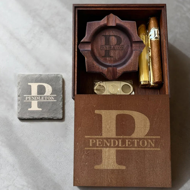 Luxe walnotenhouten sigarenasbak, gepersonaliseerd met leisteen detail, voor de verfijnde sigarenkenner.