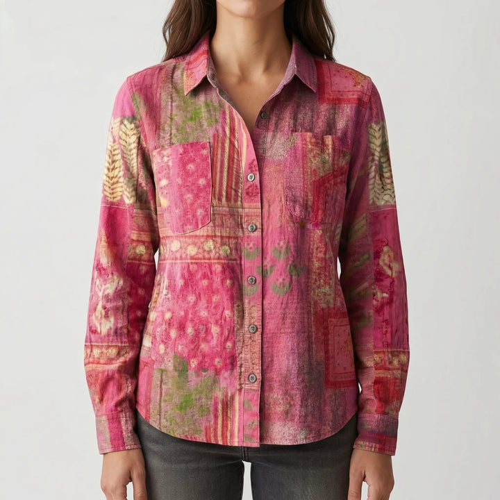 Details van het Skinzline dames overhemd: klassieke knoopsluiting en opgerolde lange mouwen voor een casual chic look.