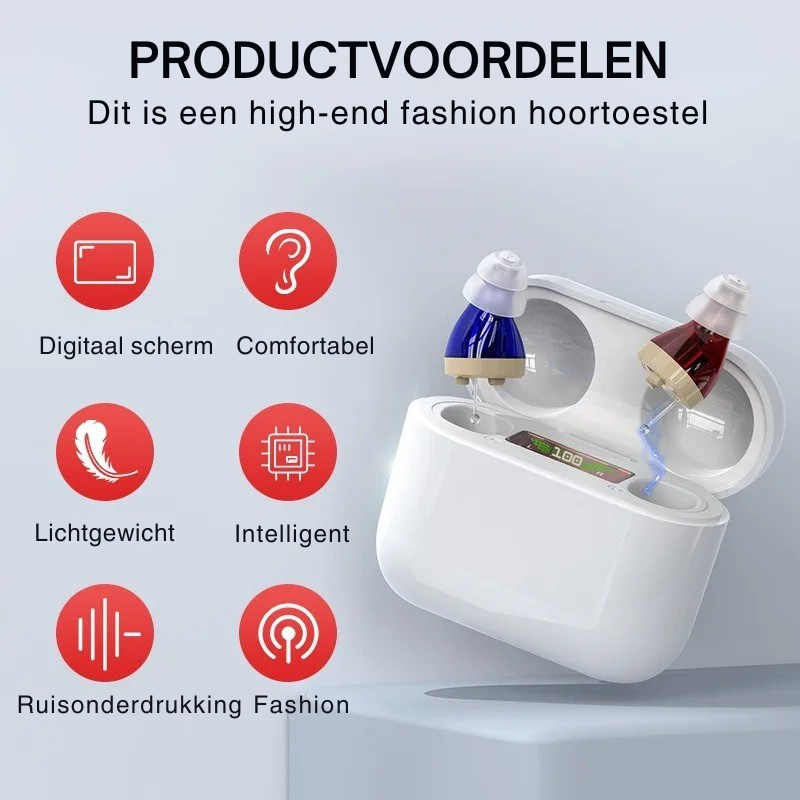 Klein onzichtbaar hoortoestel voor helder geluid. Oplaadbaar in-ear gehoorapparaat, comfortabel en discreet voor ouderen.