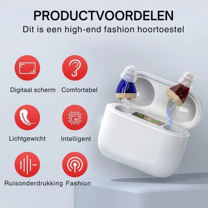 Klein onzichtbaar hoortoestel voor helder geluid. Oplaadbaar in-ear gehoorapparaat, comfortabel en discreet voor ouderen.
