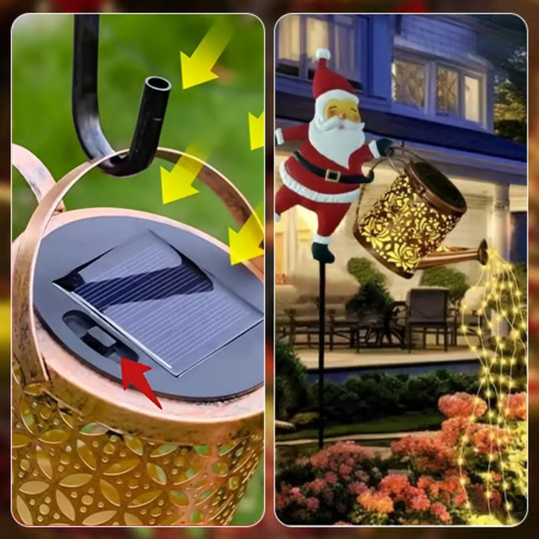 Feestelijke kerst gieter zonnelamp, waterdicht en energiezuinig. Perfecte buitenverlichting voor een sfeervolle kersttuin.