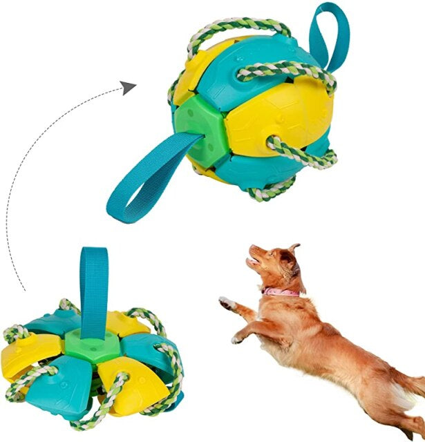 Interactieve kauwbal met trektouw voor honden; stimuleert actief spel en vermaak, ideaal buitenspeelgoed.