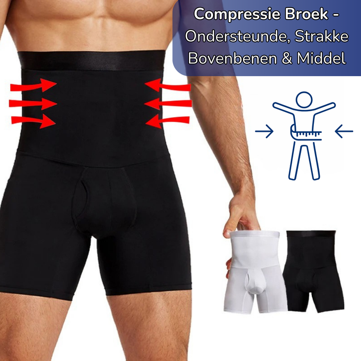 Zwarte heren compressiebroek, perfect voor fitness. Biedt rug- & bovenbeen ondersteuning en verbetert houding.