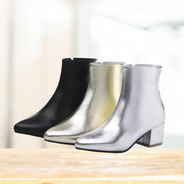 Feestelijke gouden dames enkellaarsjes combineren glans en comfort. Elegante damesschoenen voor een avondje uit.