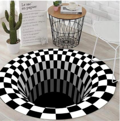 Decoratieve ronde illusie mat, een 3D optisch effect vloerkleed voor moderne woningdecoratie in diverse ruimtes.