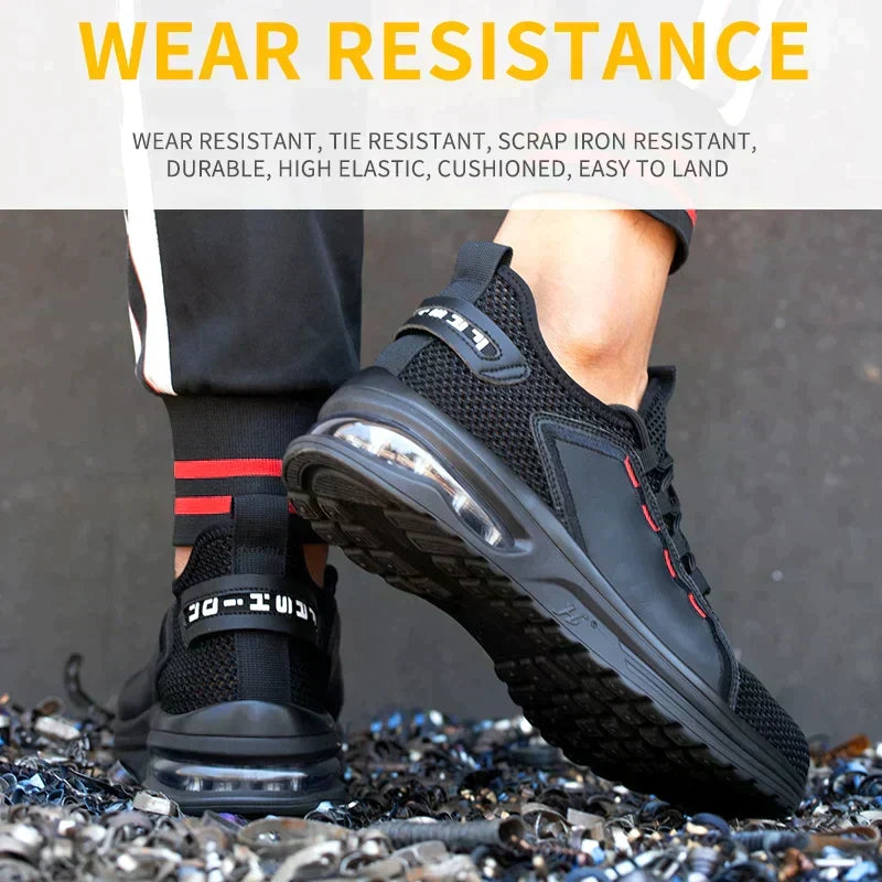 Zwarte SteelFlex One veiligheidsschoen, stalen neus, kevlar zool, ademend mesh voor comfort.