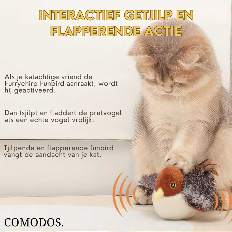 Spelende kat met interactief vogel speelgoed; stimuleert het jachtinstinct en zorgt voor beweging.
