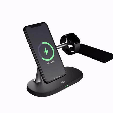 Multifunctioneel draadloos laadstation, inclusief snelle oplader voor telefoon, horloge en oortjes.