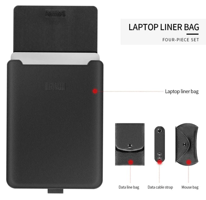 Multifunctionele laptopaccessoire: beschermhoes, standaard en muismat in één.